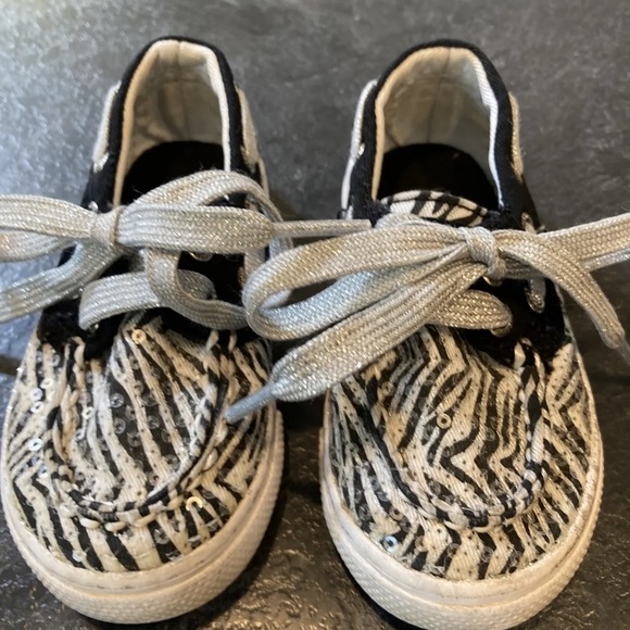 Girls baby Sperry Top-Sider Bahama black white striped sequins shoes size 5 - Picture 7 of 12